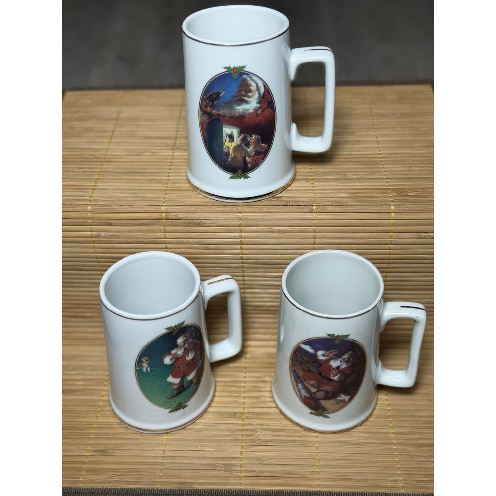 Vintage Set of 3 Coca-Cola 1996 Collector Edition Ceramic Mugs - Gold Trim/Santa - Picture 2 of 8